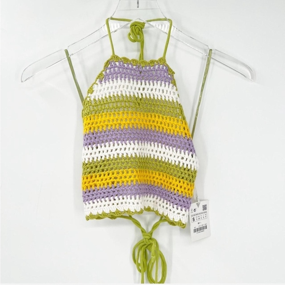 Zara Crochet Halter Crop Striped Tie Back Multi Boho Festival Top Women Small - Picture 2 of 4